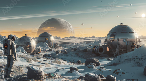 A desolate landscape with a large white planet in the background. 