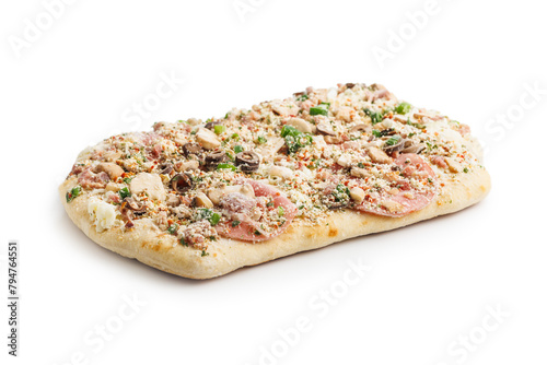 Frozen square pizza isolated on white background.