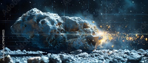 Extracting Rare Minerals from an Asteroid in Space: A Closeup View. Concept Space Mining, Asteroid Exploration, Rare Minerals Extraction, Outer Space Operations, Closeup Photography photo