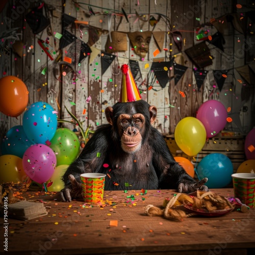 Post-celebration scene of a chimpanzee unwinding after a holiday party, complete with confetti and balloons photo