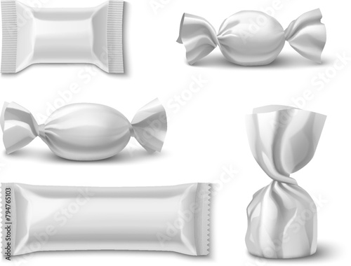 3d sweet chocolate candy wrapper package mockup. Blank white realistic twist pack wrap for bar, bonbon, biscuit or caramel confectionery merchandise design set. Foil paper sugar snack bag illustration