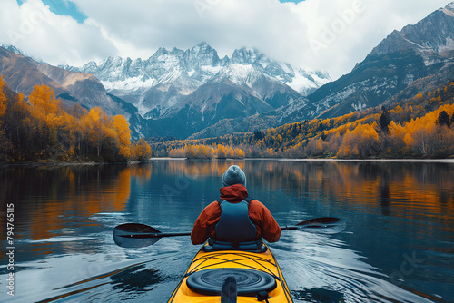 back of kayaker kayaking on lake with a landscape of mountains and forests in autumn © alexkoral