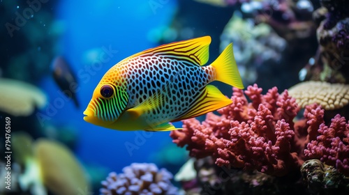 Close-up of a tropical fish swimming gracefully in a vibrant coral reef aquarium, illustrating the beauty and diversity of aquatic life. © Ps_Studio21