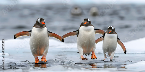 Família de pinguins caminhando no gelo photo