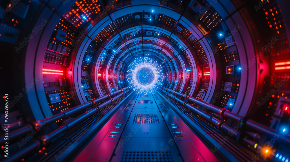 Fototapeta premium Futuristic blue tunnel leading through a digital space. representing the concept of high-speed technology and travel