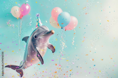 A delightful holiday party scene with a dolphin enjoying colorful balloons perfect for joyful summer vacation themes
