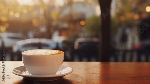 Cup of coffee with latte art and steam on wooden table on blurred background