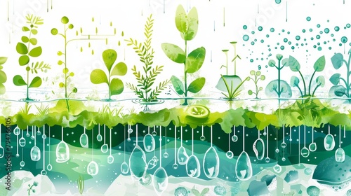 A graphic scene highlighting the various stages of algae cultivation and processing from harvest to extraction of key nutrients for biofuel production. . photo