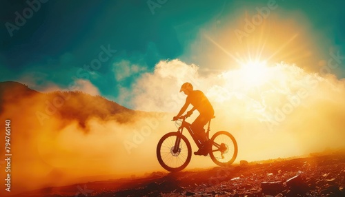 A person is riding a bike on a hill with a beautiful sunset in the background by AI generated image © chartchai