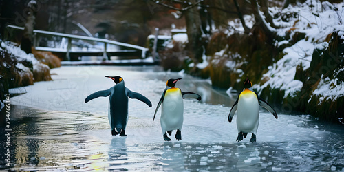 Família de pinguins caminhando no gelo photo