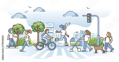 Active transportation with healthy activity for mobility outline concept, transparent background.Nature friendly and sustainable city lifestyle without car and emissions illustration. photo