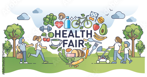 Community health fair for active lifestyle and eating balance outline concept, transparent background. Social care for diet nutrition and sport exercise significance illustration. © VectorMine