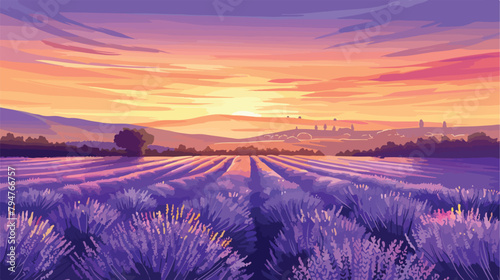 Blooming lavender fields at sunset