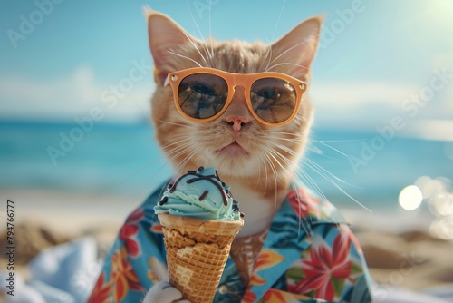 A cat wearing sunglasses and a hawaiian shirt is eating an ice cream cone on the beach. photo