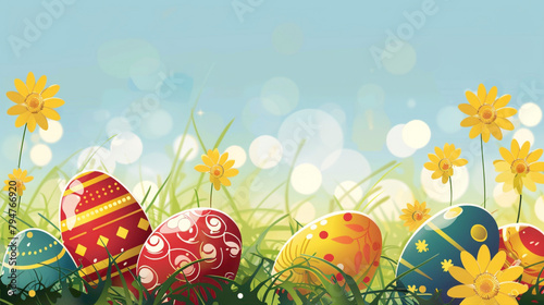Beautiful and Colourful background with Easter eggs on yellow background. Happy Easter concept. Can be used as poster, background, holiday card. photo