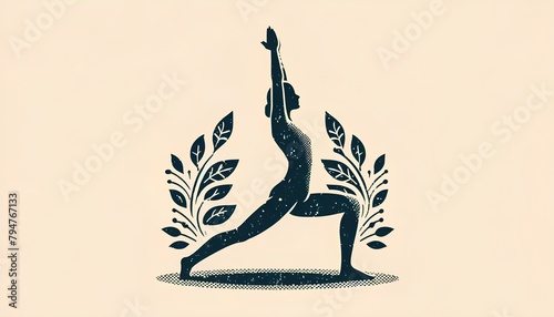 Person performing the Warrior Pose (Virabhadrasana), depicted with a strong and grounded stance that emulates a warrior ready. Focus, balance, and stability in a serene, artistic setting. photo
