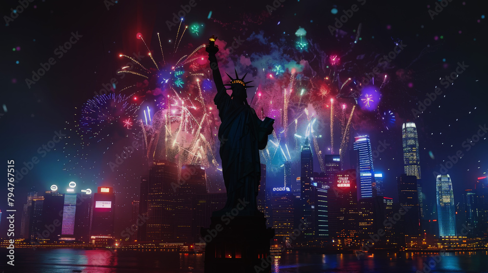 The Statue of Liberty fireworks at Night, New York City 4h of July USA ...