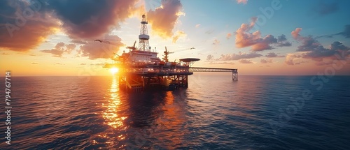 Aerial view of offshore oil rig at sunset extracting petroleum from seabed. Concept Oil Rig Photography, Offshore Industry, Aerial Sunset, Petroleum Extraction, Seabed Exploration