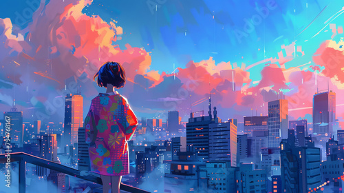 Art, painting and woman in city, anime and wallpaper with illustration, graphic design and creative. Person, girl and color with urban town, artistic and oil with deco, canvas and drawing with sketch © Peopleimages - AI