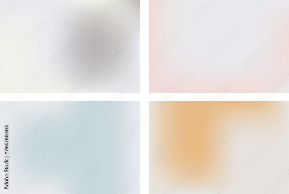 Set of Abstract gradient backgrounds with smooth blur shapes. Peach,light gray,warm orange, blue and pink color.Copy space.Wavy liquid gradient mesh.Grapic design.Vector.Boho baby nursery style.