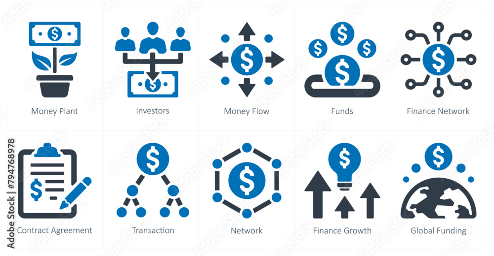 A set of 10 crowdfunding icons as money plant, investors, money flow A set of 10 crowdfunding icons as money plant, investors, money flow