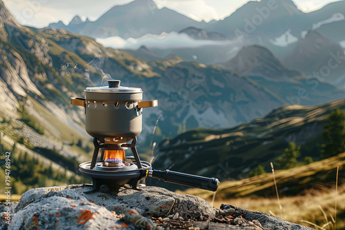 Propane-fueled portable stove with a cooking pot, situated on a boulder in a mountainous setting