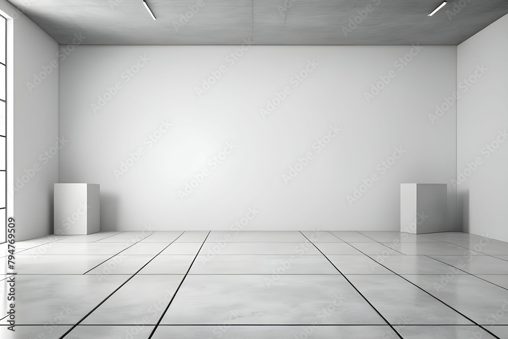 Geometric shapes structure on empty concrete floor with white wall background in hall or modern showroom, Construction technology for future architecture - Abstract interior design 3d illustration Geometric shapes structure on empty concrete floor with white wall background in hall or modern showroom, Construction technology for future architecture - Abstract interior design 3d illustration