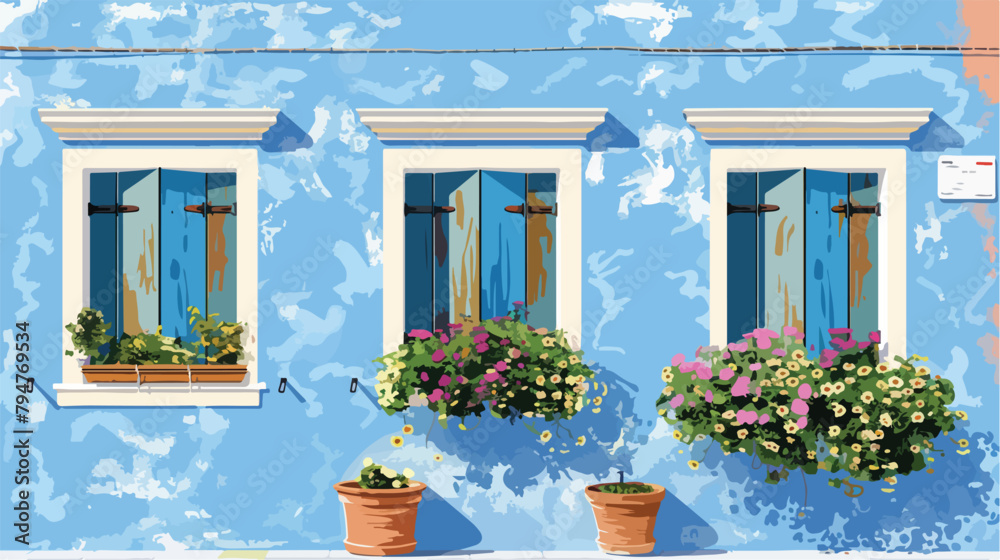 Blue painted faceade of the house and window with flow