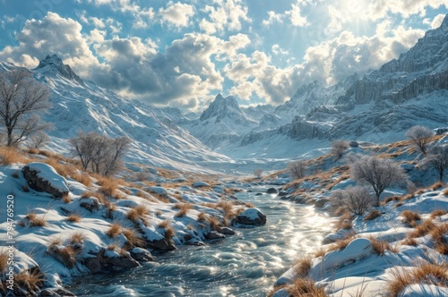Beautiful winter mountain landscape with a river and snow-capped peaks photo