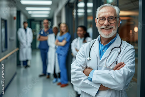 Cheerful senior physician standing tall in a hospital hallway, flanked by colleagues Confident doctor with arms crossed, making eye contact with the camera photo