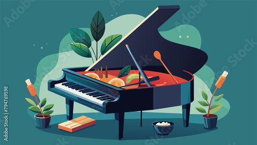 A grand piano crafted from silverware and pots exudes melodies of sizzling meats and bubbling sauces the keys rep with delicate sprigs of herbs