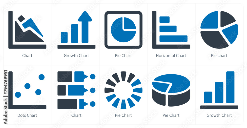 A set of 10 Diagrams and Reports icons as chart, growth chart, pie chart