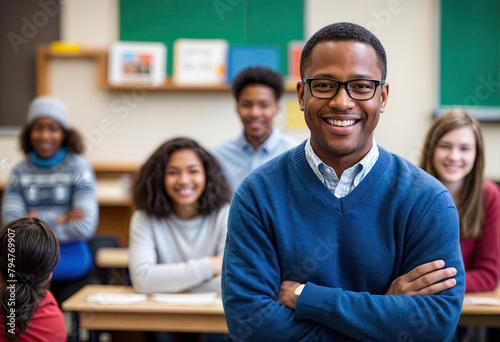 Smiling Teacher with Students A Classroom Moment