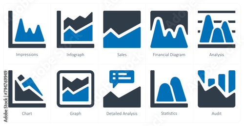 A set of 10 Diagrams and Reports icons as impressions, infograph, sales