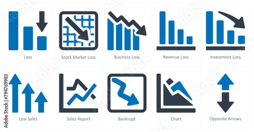A set of 10 Diagrams and Reports icons as loss, stock market loss, business loss