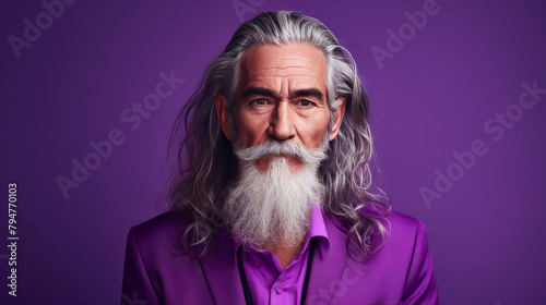 Handsome elderly Latino with long gray hair, on a purple background, banner.