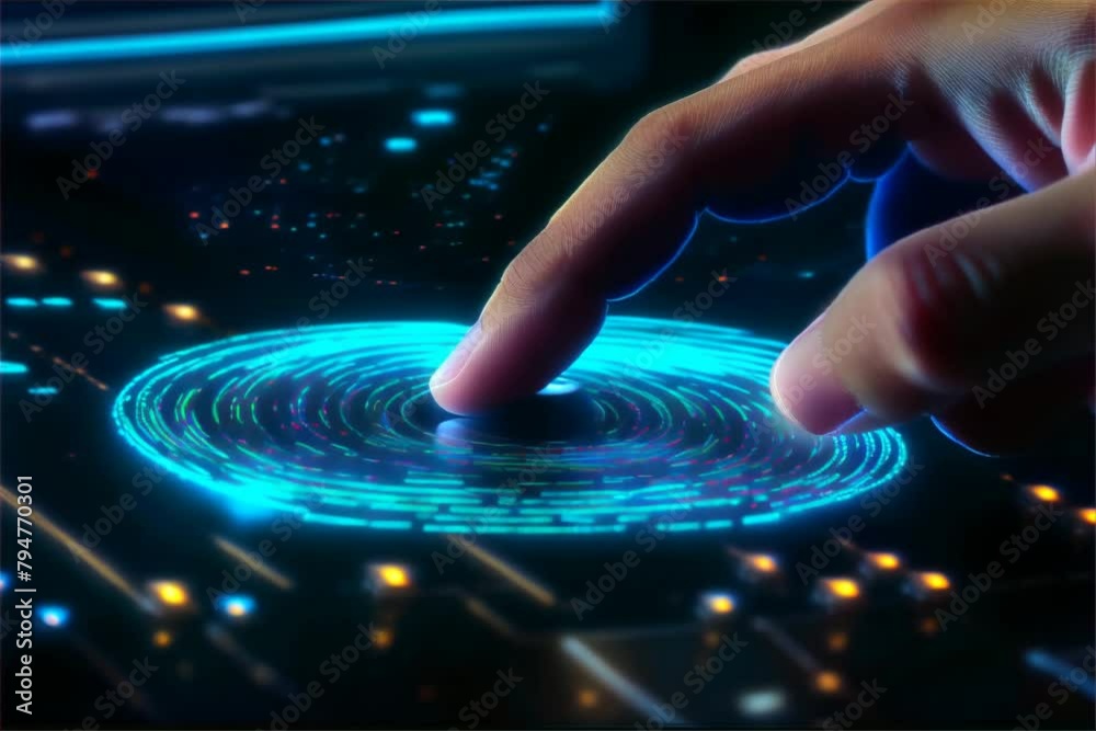 Finger pressing a button on a touch screen interface. Fingerprint scan technology concept. Finger pressing a button on a touch screen interface. Fingerprint scan technology concept.