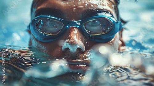 Underwater Swimmer in Goggles with Blurred Bubbles, Captured from Above. © Eitan Baron