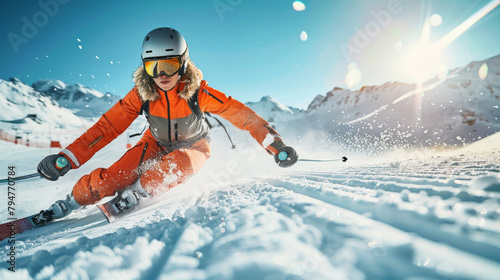 Woman in Orange Skiing Downhill
