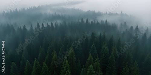 Foggy morning in the coniferous forest  top view