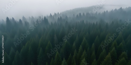 Foggy morning in the coniferous forest, top view © Naksh