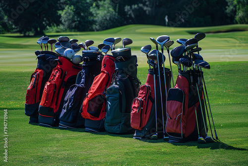 Golf bags belonging to a group of players, positioned near the putting green photo