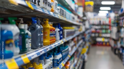 A store aisle filled with numerous bottles of cleaning products neatly organized on shelves under bright natural lighting