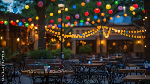 A closeup of a restaurants outdoor dining area filled with tables and chairs covered in colorful string lights, creating a festive ambiance