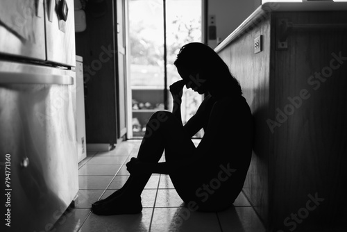 Woman at home feeling sad tired stressed and worried suffering depression mental health, family problems 