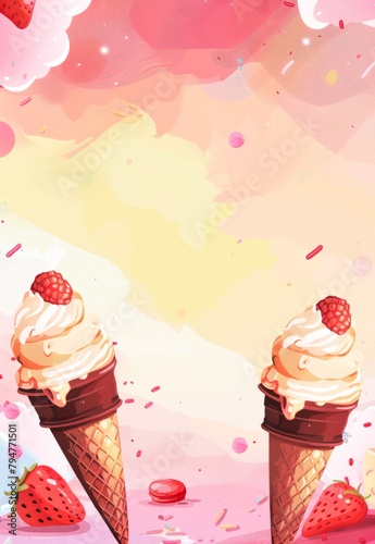 Assorted Scoops of Ice Cream With Sprinkles and Berries on a Pastel Pink Surface