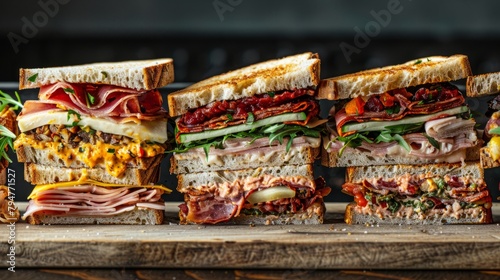Closeup view of multiple sandwiches stacked on top of each other on a cutting board, showcasing layers of fillings and bread