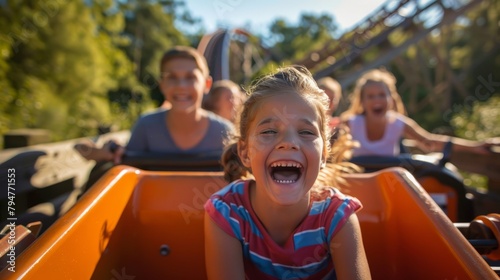 A young girl filled with joy, laughing as she rides a roller coaster at an amusement park