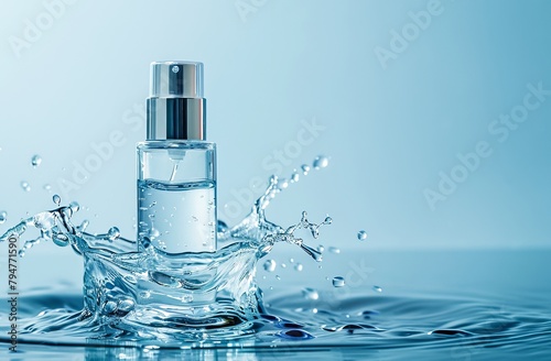 Elegant Perfume Bottle Spraying Over Calm Blue Water Surface at Daytime
