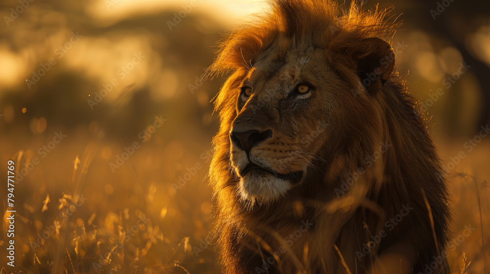 Naklejka premium The wild lion's majestic head is illuminated by the soft glow of golden hour light in its savanna grasslands habitat